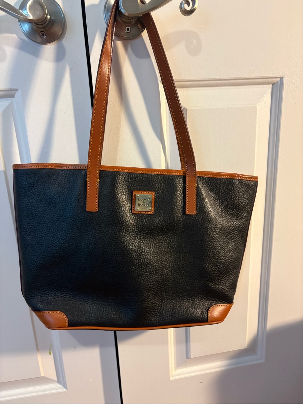 Dooney & Bourke Black Pebbled Leather Tote Bag British Tan Trim